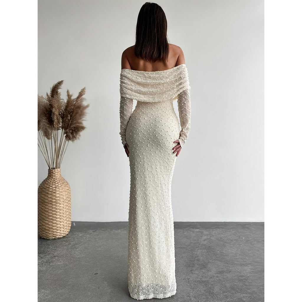 Women's Off Shoulder Maxi Dress Textured Knit Long Sleeve | Draped Neckline - Image 2