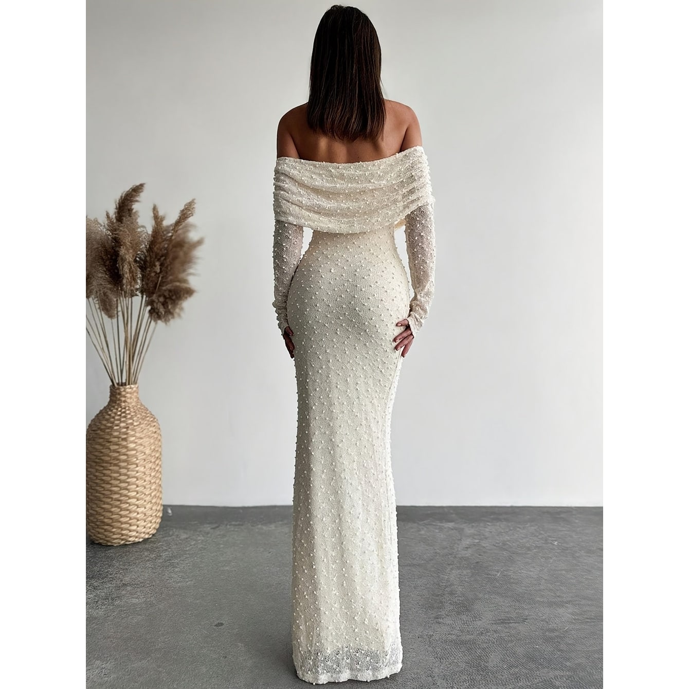 Women's Off Shoulder Maxi Dress Textured Knit Long Sleeve | Draped Neckline - Image 2