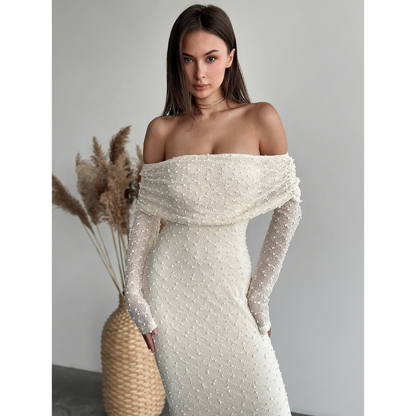 Women's Off Shoulder Maxi Dress Textured Knit Long Sleeve | Draped Neckline - Image 3