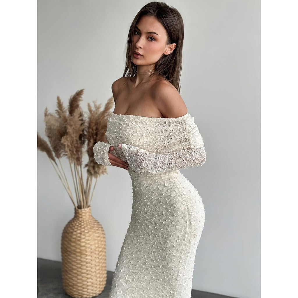 Women's Off Shoulder Maxi Dress Textured Knit Long Sleeve | Draped Neckline - Image 4