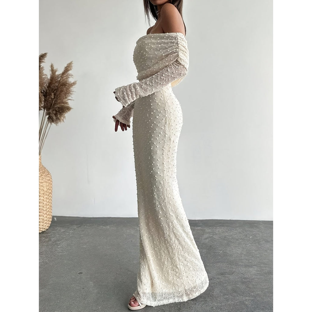 Women's Off Shoulder Maxi Dress Textured Knit Long Sleeve | Draped Neckline - Image 5