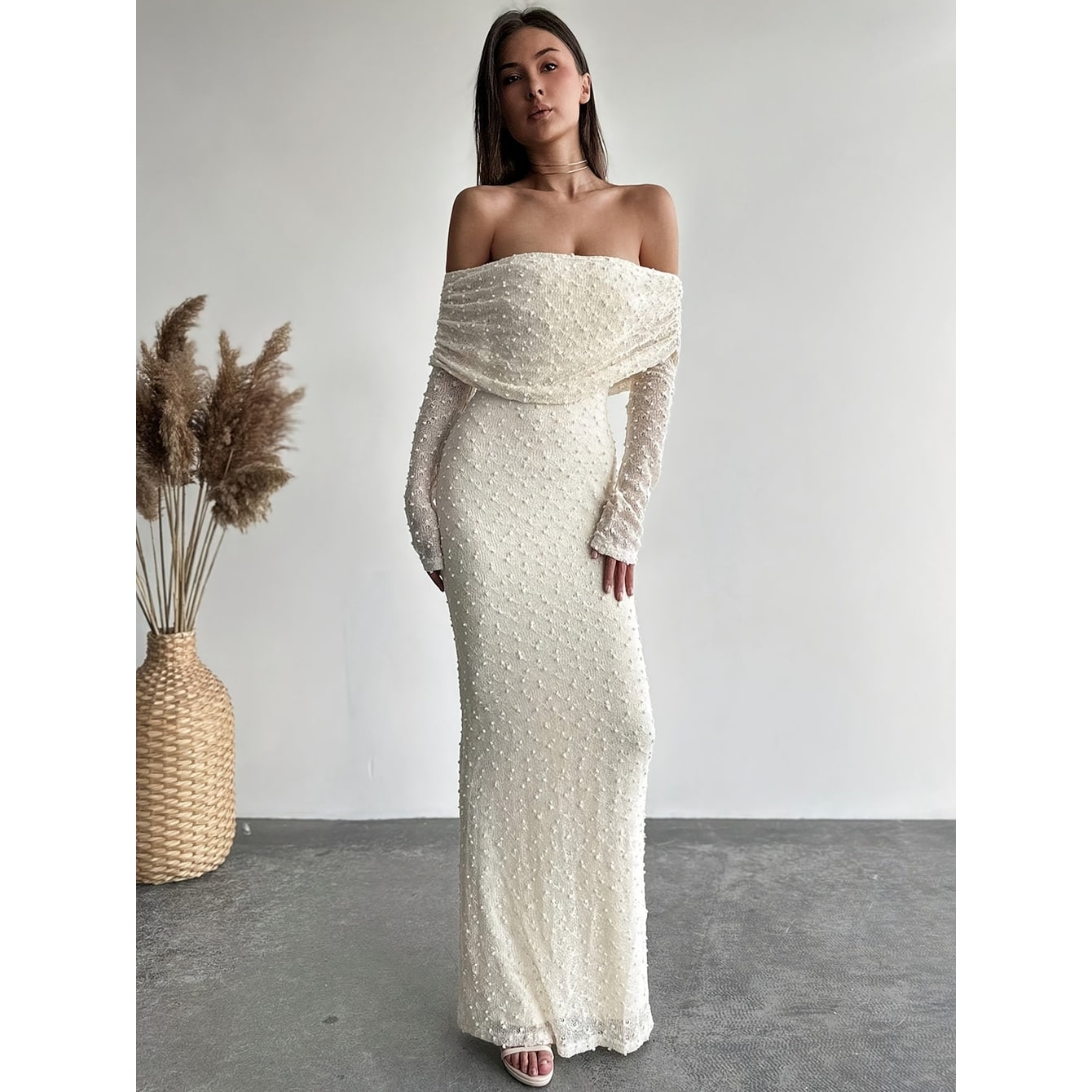 Women's Off Shoulder Maxi Dress Textured Knit Long Sleeve | Draped Neckline - Image 6
