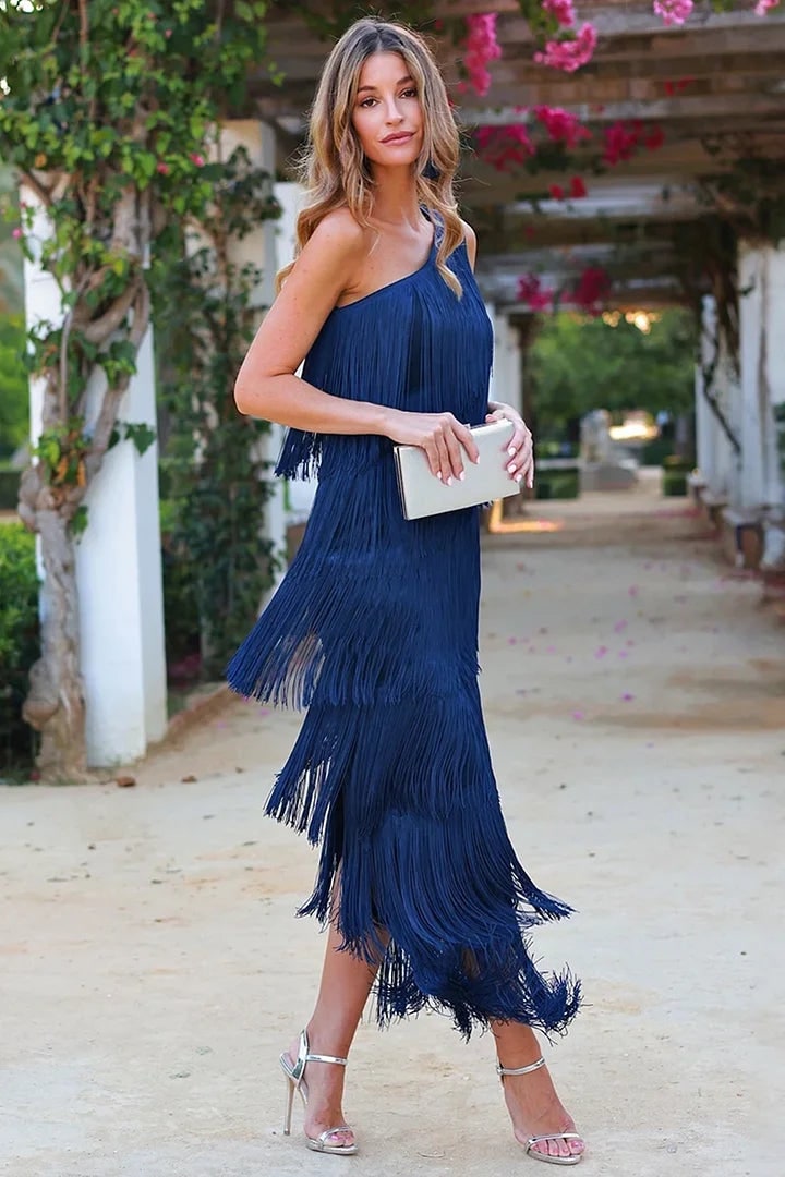 Women's One Shoulder Tiered Fringe Midi Dress | Asymmetric Strap - Image 1