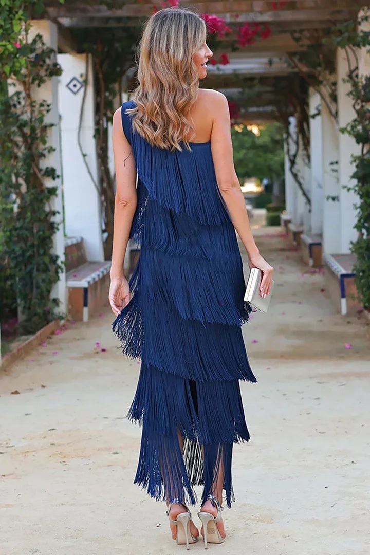 Women's One Shoulder Tiered Fringe Midi Dress | Asymmetric Strap - Image 2