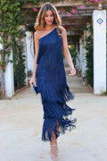 Women's One Shoulder Tiered Fringe Midi Dress | Asymmetric Strap - Image 3