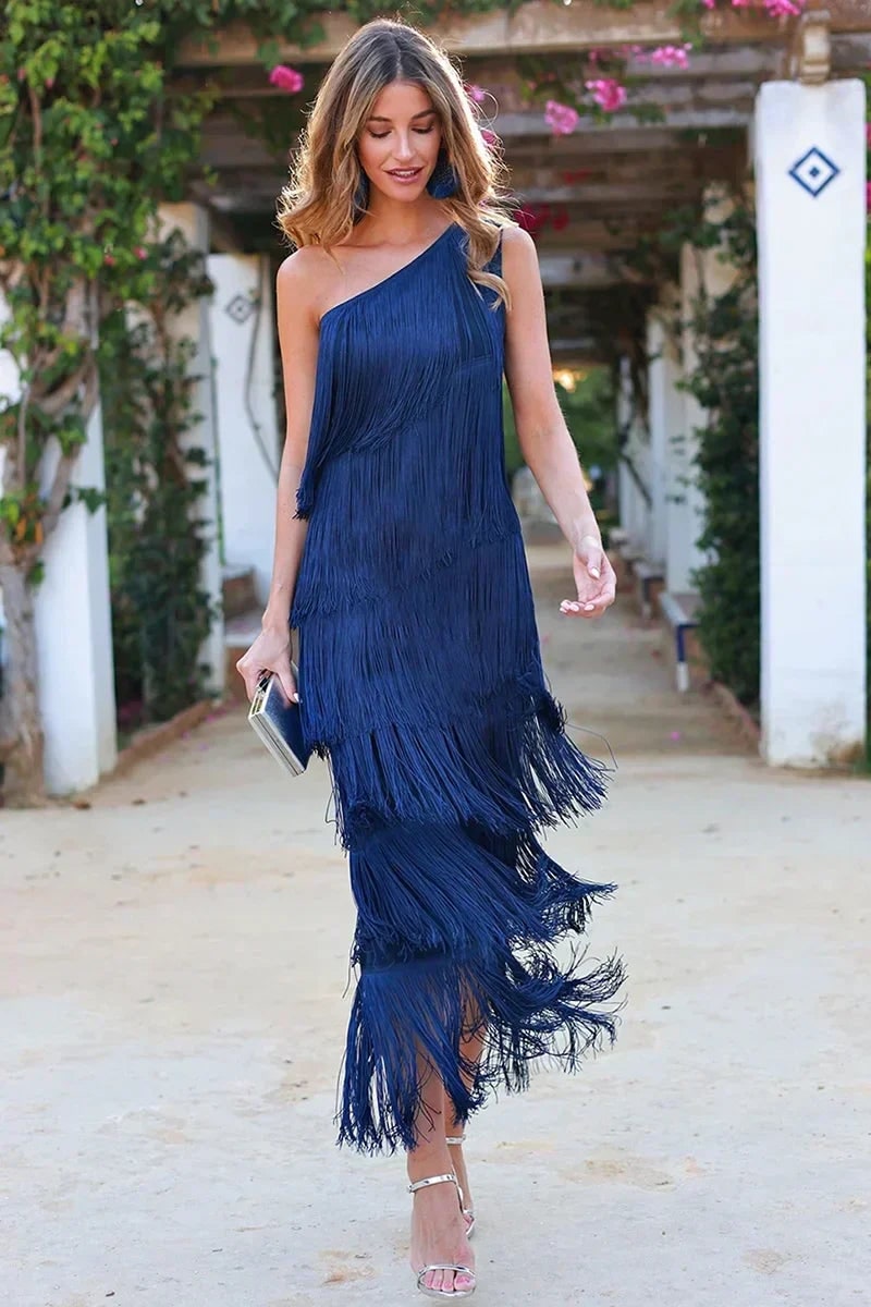 Women's One Shoulder Tiered Fringe Midi Dress | Asymmetric Strap - Image 3