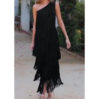 Women's One Shoulder Tiered Fringe Midi Dress | Asymmetric Strap - Image 4