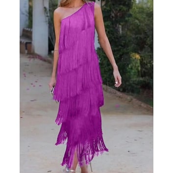 Women's One Shoulder Tiered Fringe Midi Dress | Asymmetric Strap - Image 5