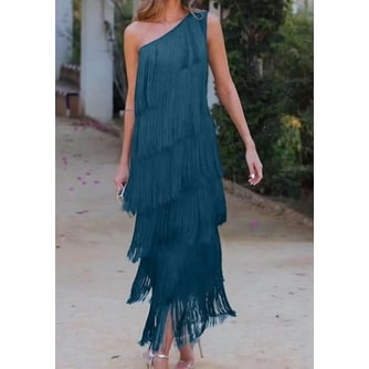 Women's One Shoulder Tiered Fringe Midi Dress | Asymmetric Strap - Image 6