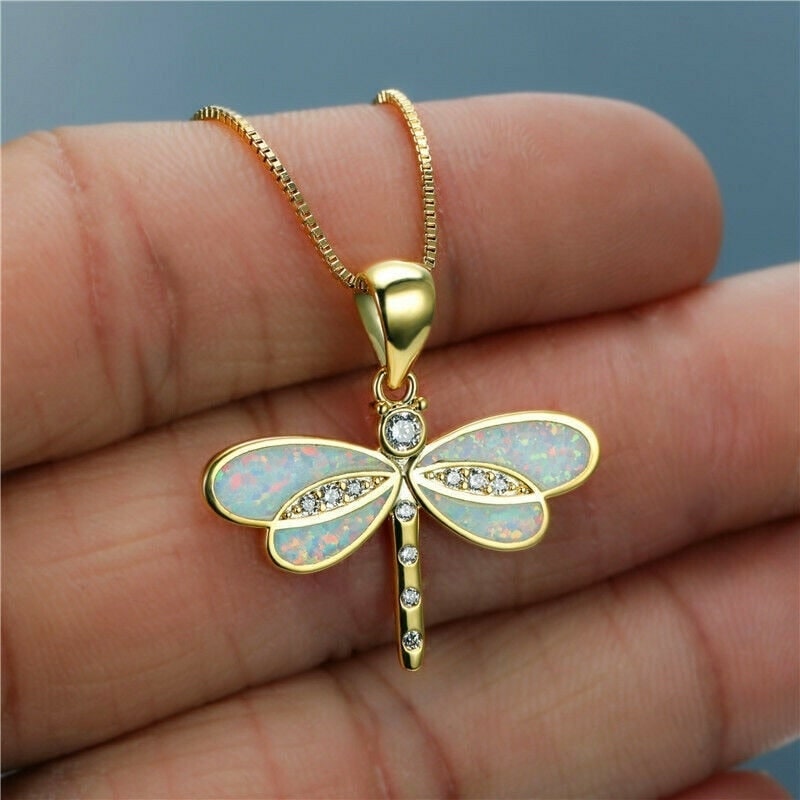 Women's Opal Dragonfly Pendant Necklace Gold Cubic Zirconia - Image 1