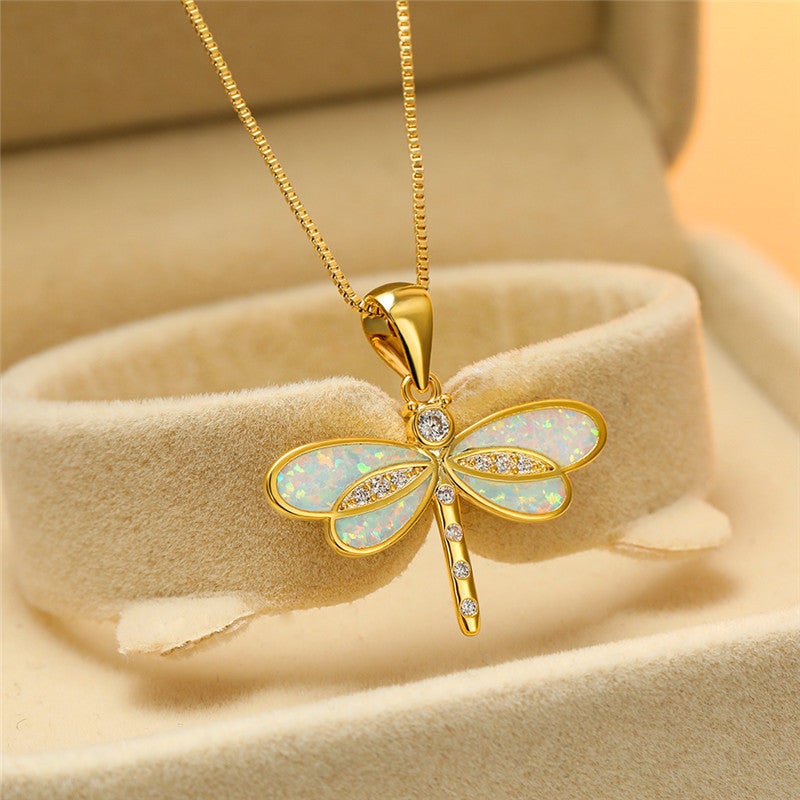 Women's Opal Dragonfly Pendant Necklace Gold Cubic Zirconia - Image 2