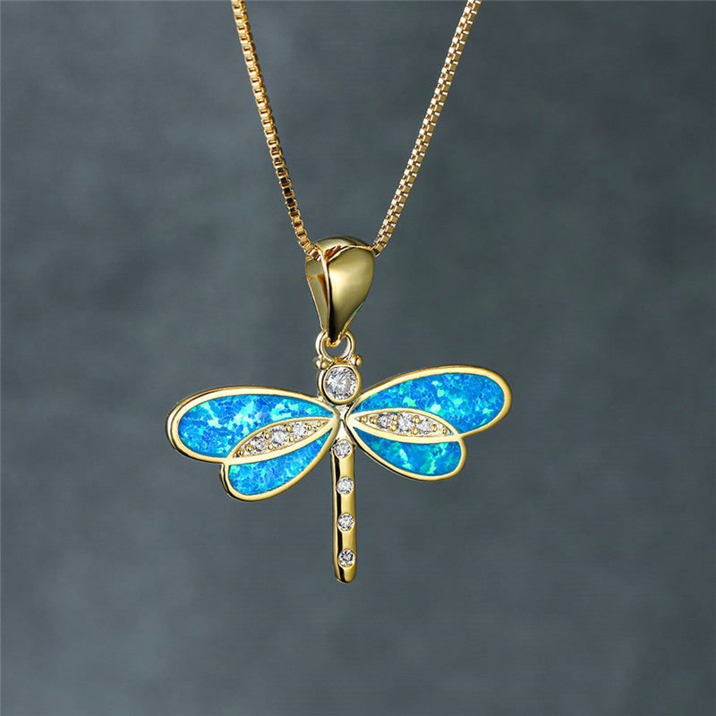 Women's Opal Dragonfly Pendant Necklace Gold Cubic Zirconia - Image 3