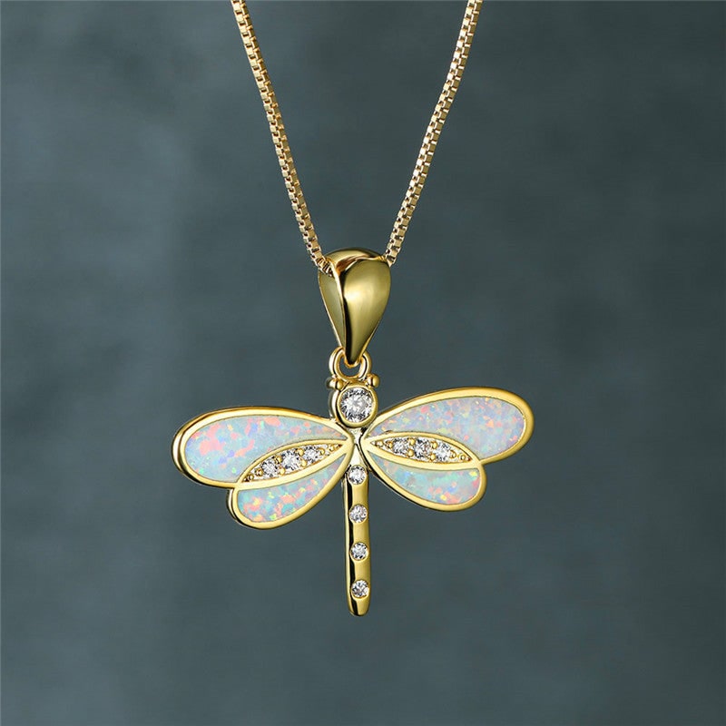 Women's Opal Dragonfly Pendant Necklace Gold Cubic Zirconia - Image 4