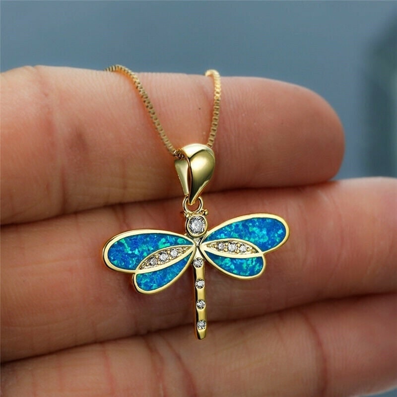 Women's Opal Dragonfly Pendant Necklace Gold Cubic Zirconia - Image 5