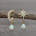 Women's Opal Stud Earrings Asymmetrical Moon Star Celestial Design - Image 1