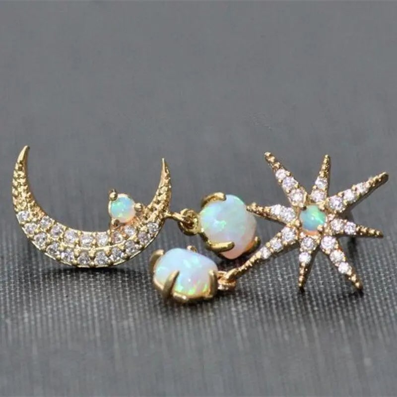 Women's Opal Stud Earrings Asymmetrical Moon Star Celestial Design - Image 2