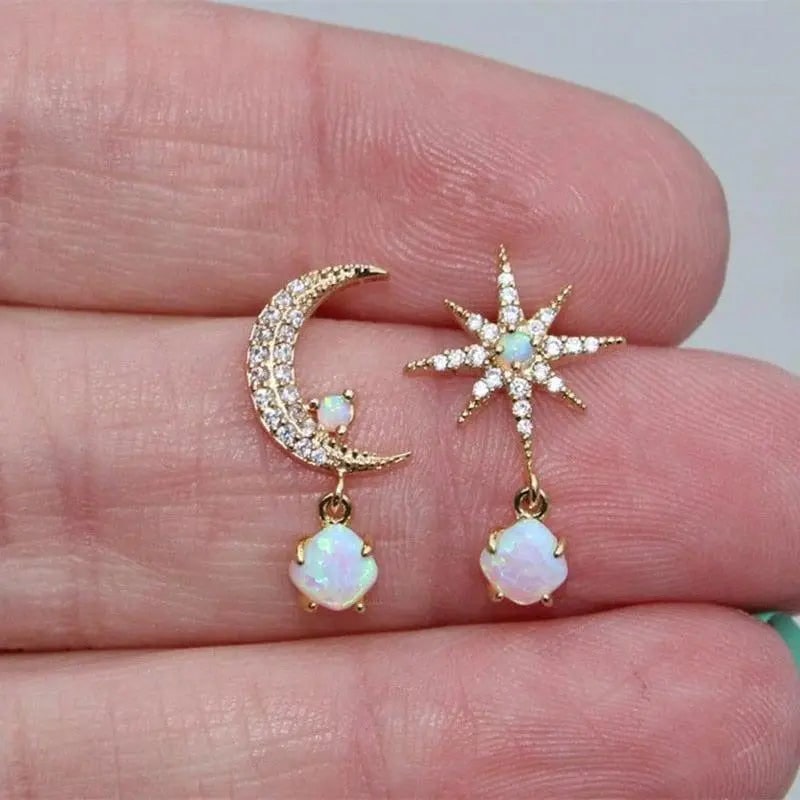 Women's Opal Stud Earrings Asymmetrical Moon Star Celestial Design - Image 3