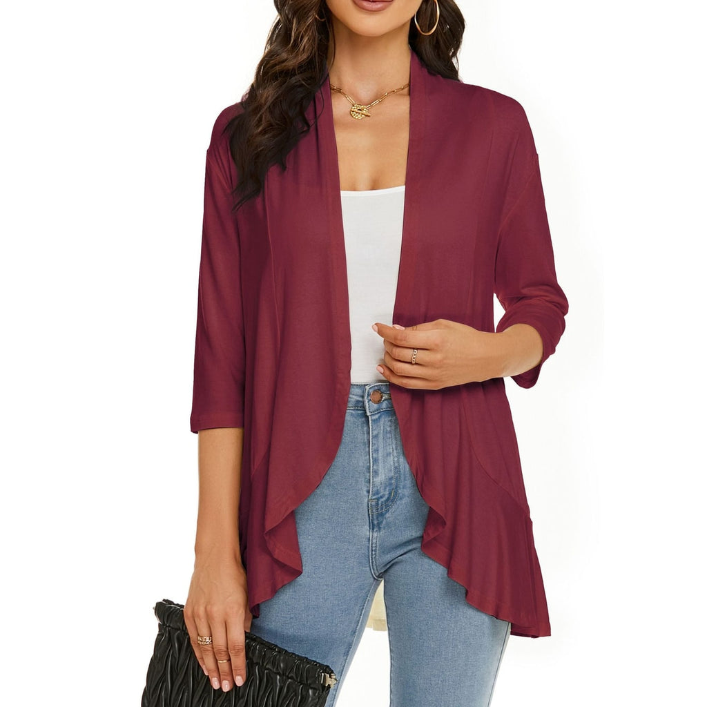 Women's Open Front Cardigan with Draped Three Quarter Sleeves - Image 8
