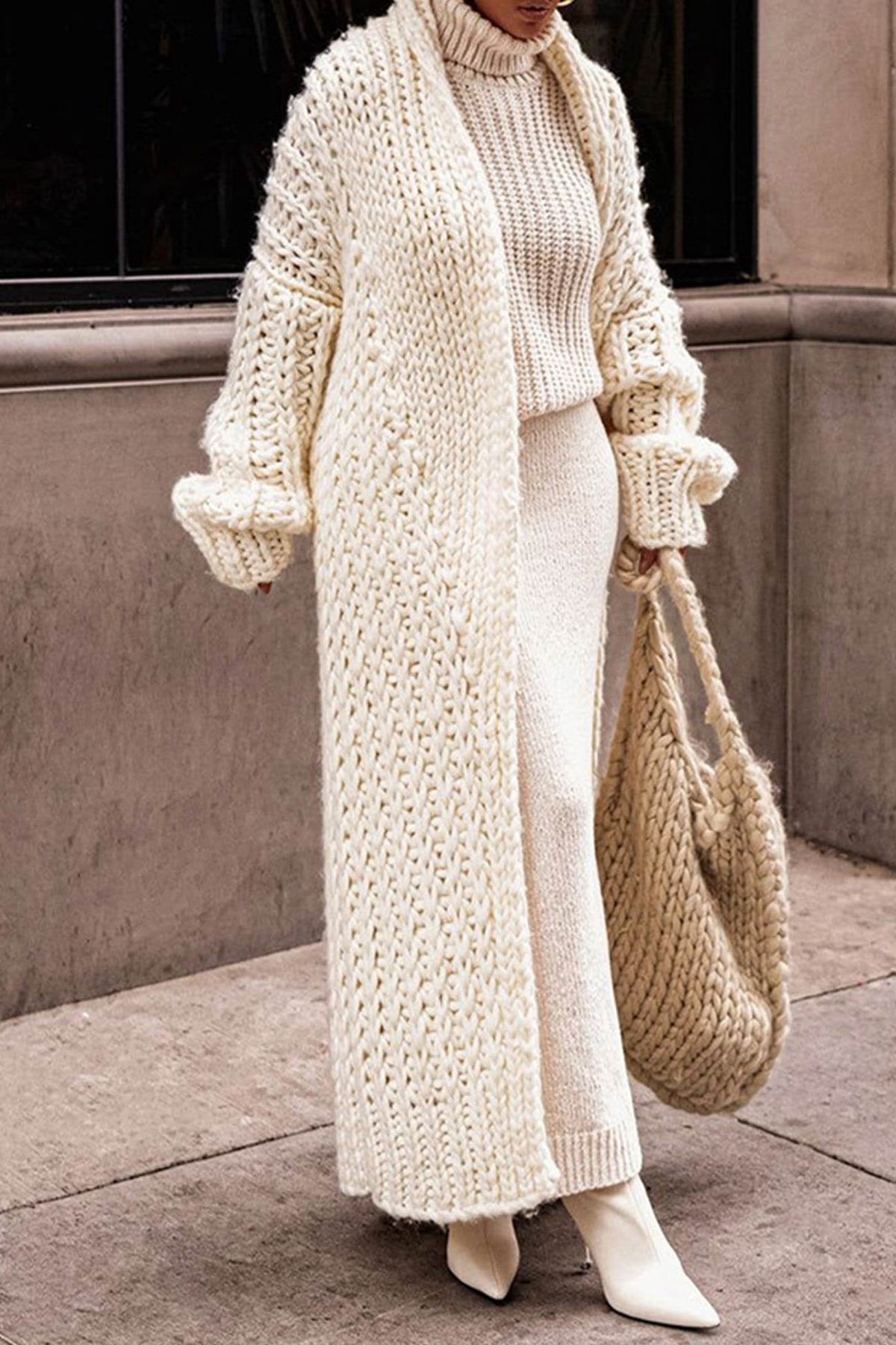 Women's Oversized Chunky Knit Cardigan Sweater with Open Front and Maxi Length - Image 1