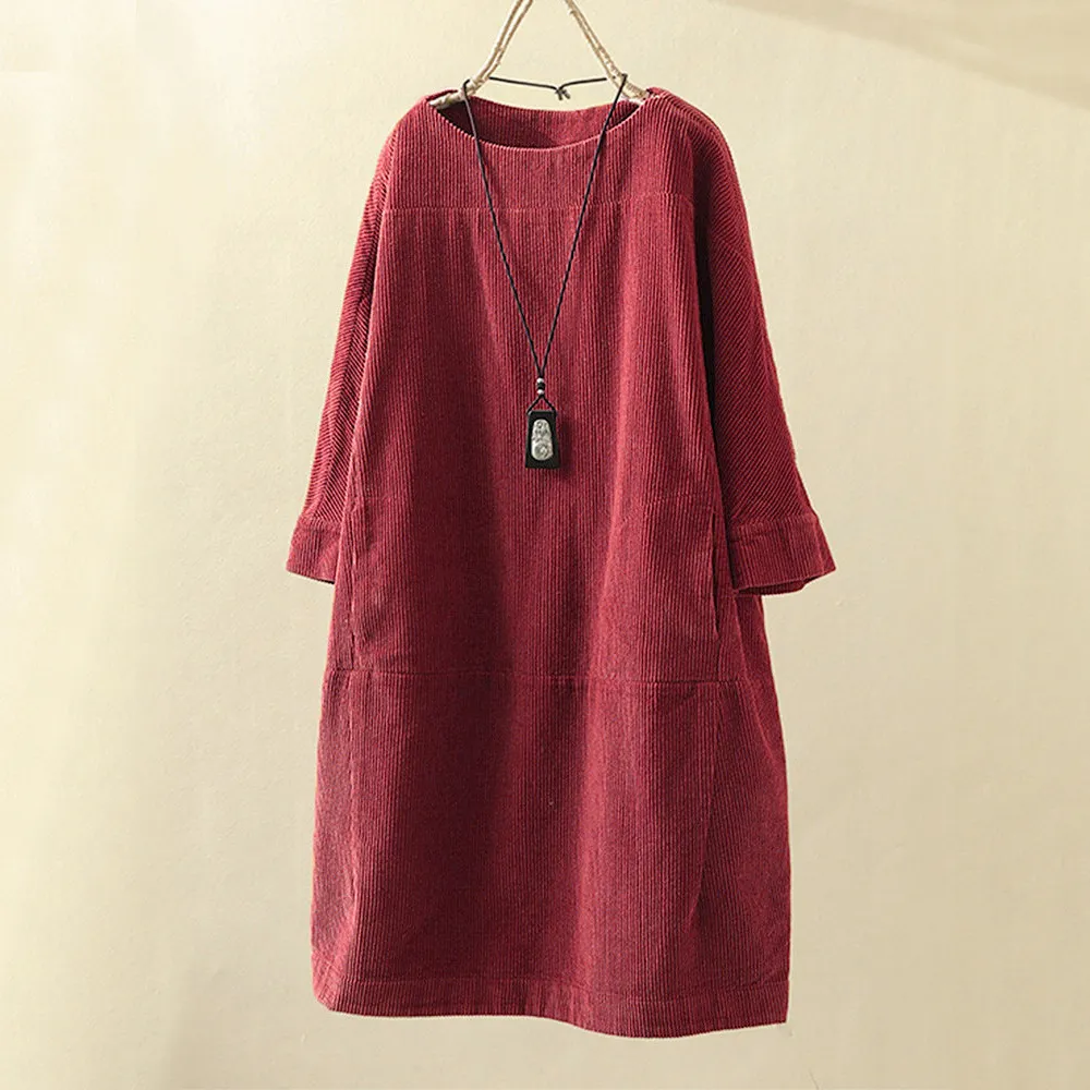 Women's Oversized Corduroy Shift Dress | Round Neck Long Sleeve - Image 1