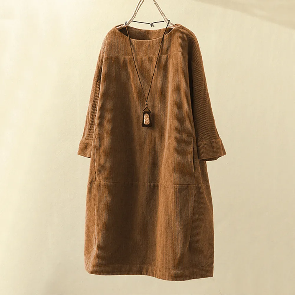 Women's Oversized Corduroy Shift Dress | Round Neck Long Sleeve - Image 2