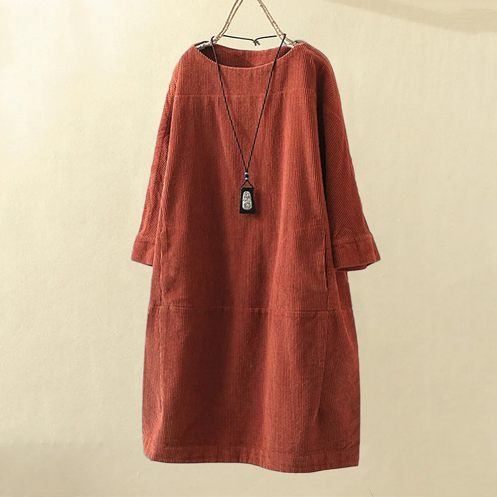 Women's Oversized Corduroy Shift Dress | Round Neck Long Sleeve - Image 3