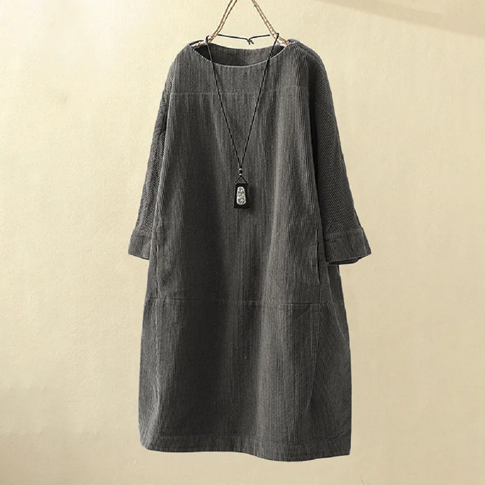 Women's Oversized Corduroy Shift Dress | Round Neck Long Sleeve - Image 4