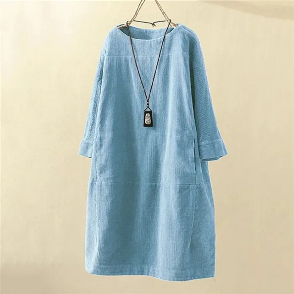 Women's Oversized Corduroy Shift Dress | Round Neck Long Sleeve - Image 5