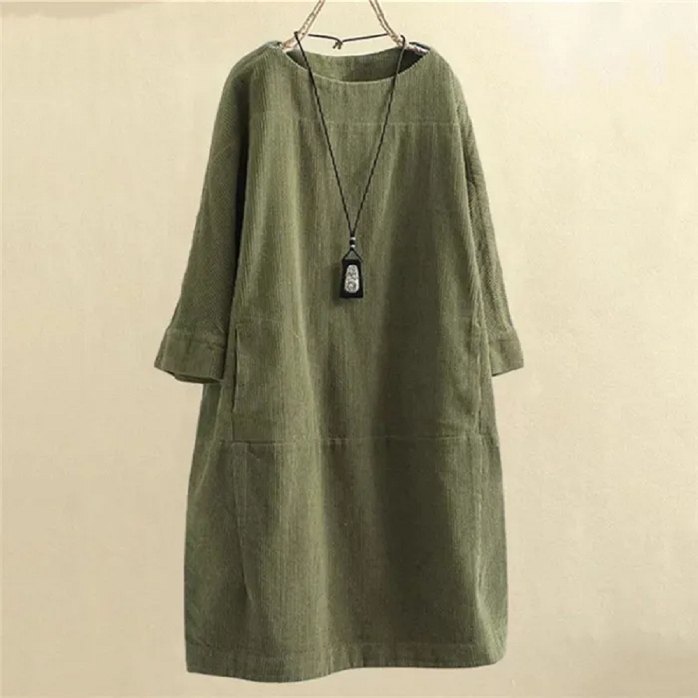 Women's Oversized Corduroy Shift Dress | Round Neck Long Sleeve - Image 6