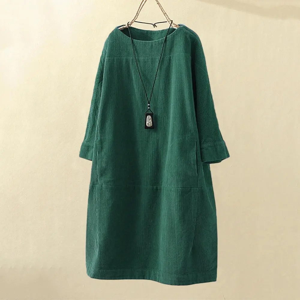 Women's Oversized Corduroy Shift Dress | Round Neck Long Sleeve - Image 7