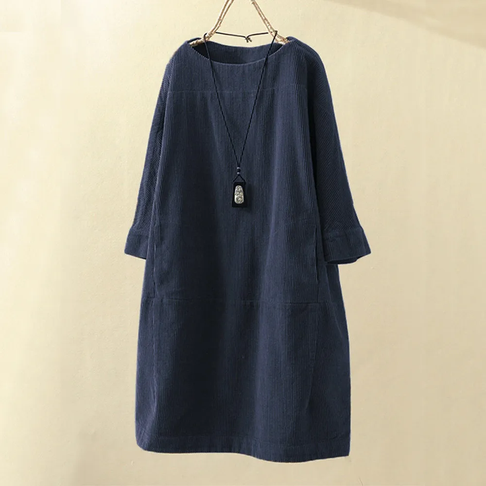 Women's Oversized Corduroy Shift Dress | Round Neck Long Sleeve - Image 8