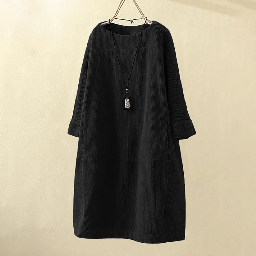 Women's Oversized Corduroy Shift Dress | Round Neck Long Sleeve - Image 9