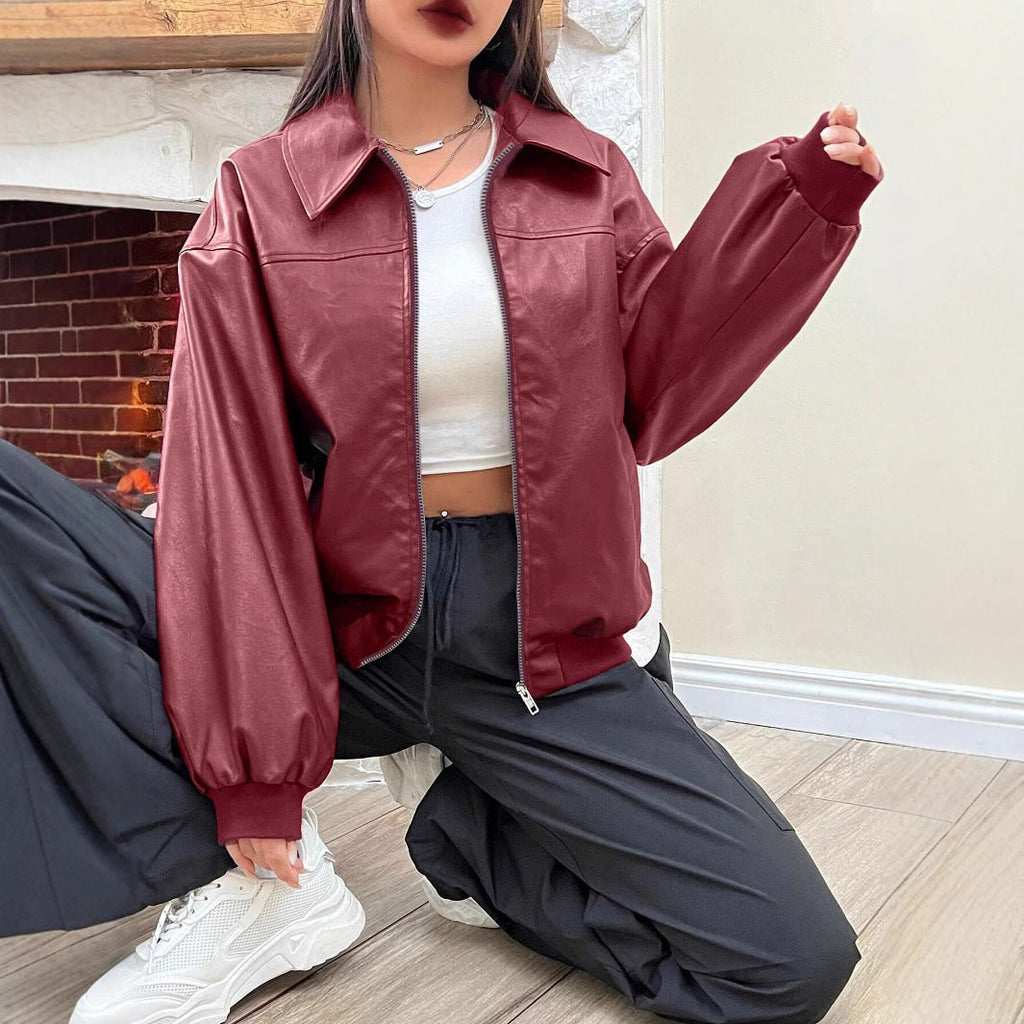 Women's Oversized Faux Leather Bomber Jacket with Pointed Collar and Zip Closure - Image 1