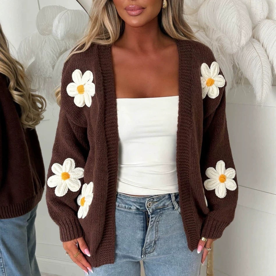Women's Oversized Floral Knit Cardigan Sweater with Open Front and 3D Daisy Appliqués - Image 1