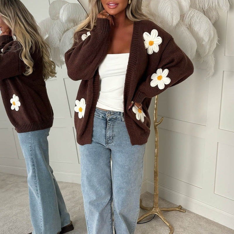 Women's Oversized Floral Knit Cardigan Sweater with Open Front and 3D Daisy Appliqués - Image 2