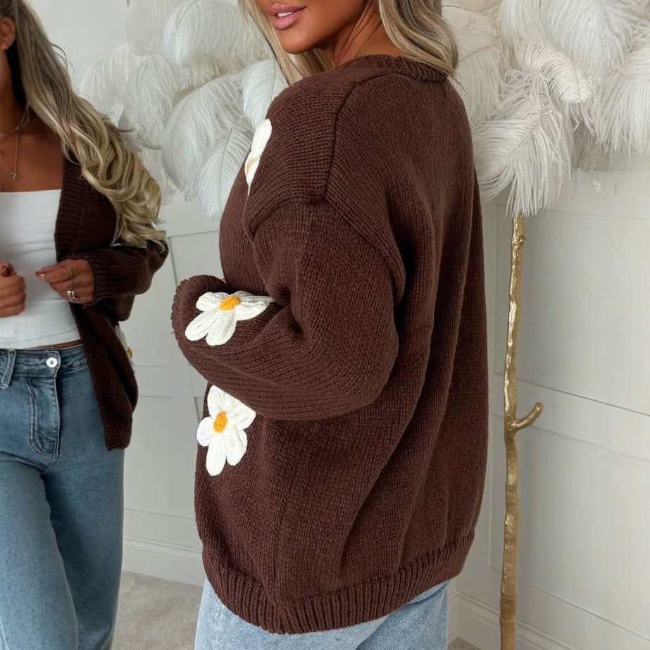Women's Oversized Floral Knit Cardigan Sweater with Open Front and 3D Daisy Appliqués - Image 3