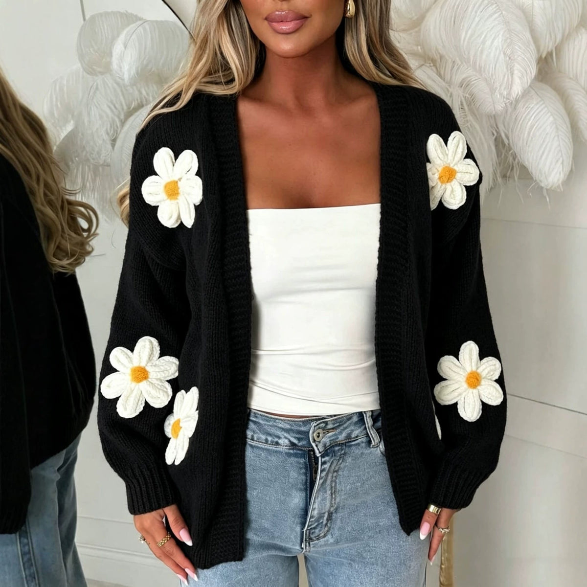Women's Oversized Floral Knit Cardigan Sweater with Open Front and 3D Daisy Appliqués - Image 4