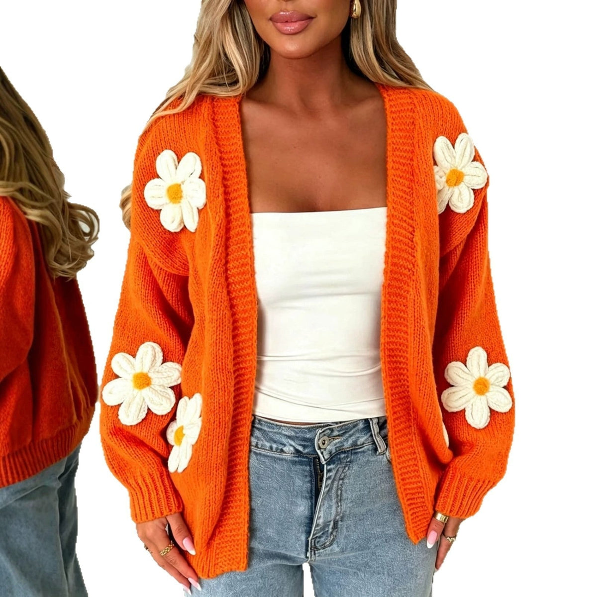 Women's Oversized Floral Knit Cardigan Sweater with Open Front and 3D Daisy Appliqués - Image 5