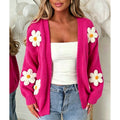 Women's Oversized Floral Knit Cardigan Sweater with Open Front and 3D Daisy Appliqués - Image 6