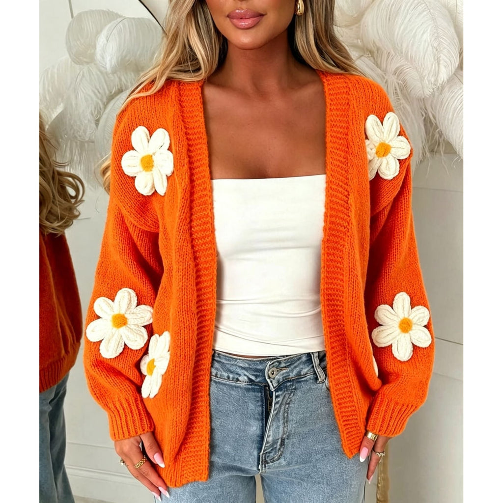Women's Oversized Floral Knit Cardigan Sweater with Open Front and 3D Daisy Appliqués - Image 7