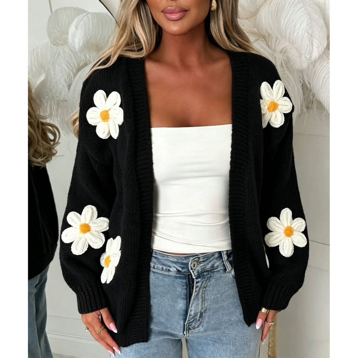 Women's Oversized Floral Knit Cardigan Sweater with Open Front and 3D Daisy Appliqués - Image 8