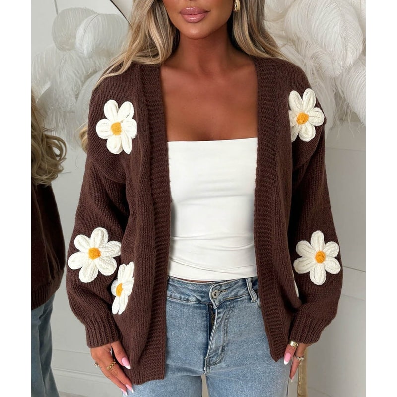 Women's Oversized Floral Knit Cardigan Sweater with Open Front and 3D Daisy Appliqués - Image 9