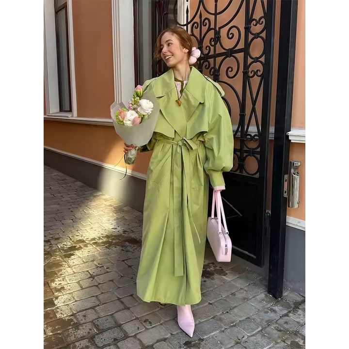 Women's Oversized Long Trench Coat with Belted Waist and Balloon Sleeves - Image 1