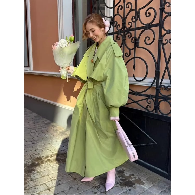 Women's Oversized Long Trench Coat with Belted Waist and Balloon Sleeves - Image 2