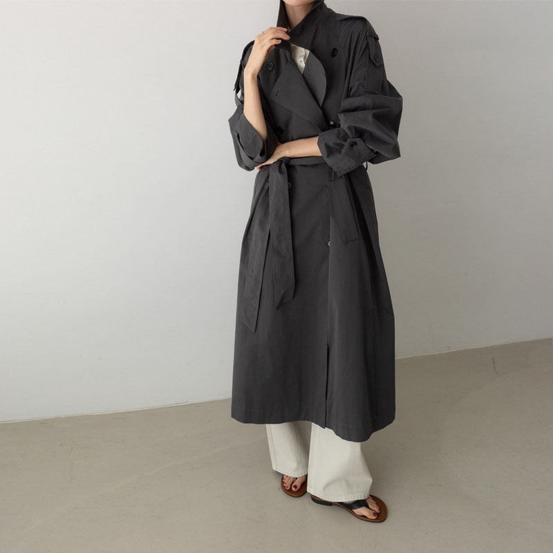 Women's Oversized Long Trench Coat with Double Breasted Design and Tie Belt - Image 1