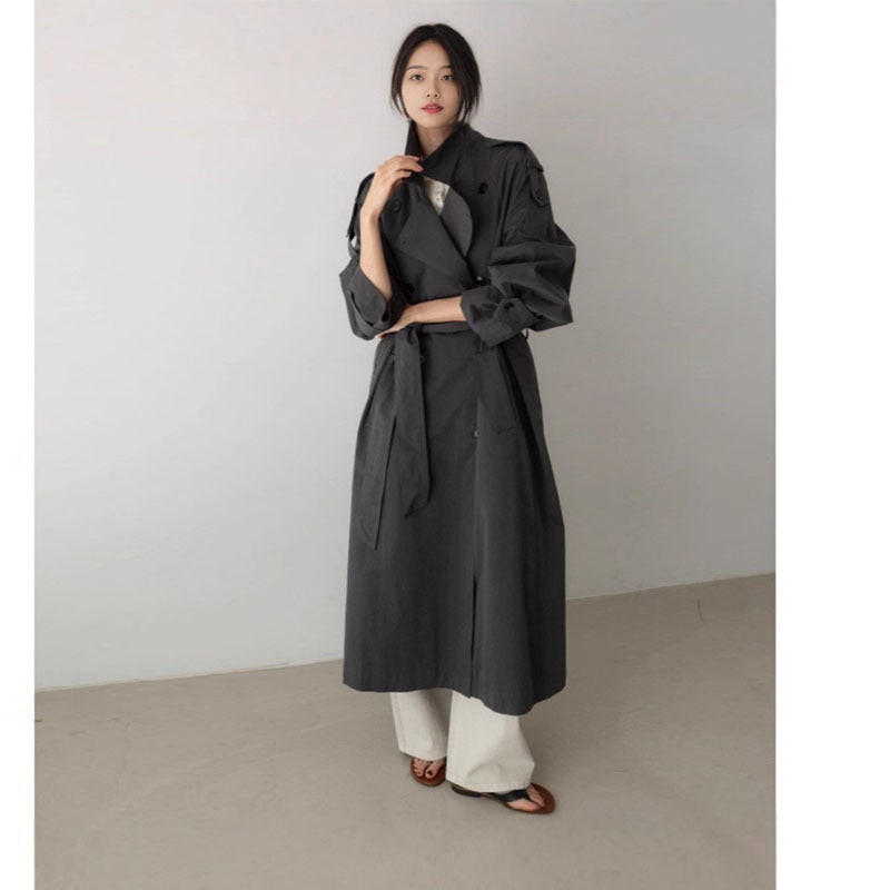 Women's Oversized Long Trench Coat with Double Breasted Design and Tie Belt - Image 2