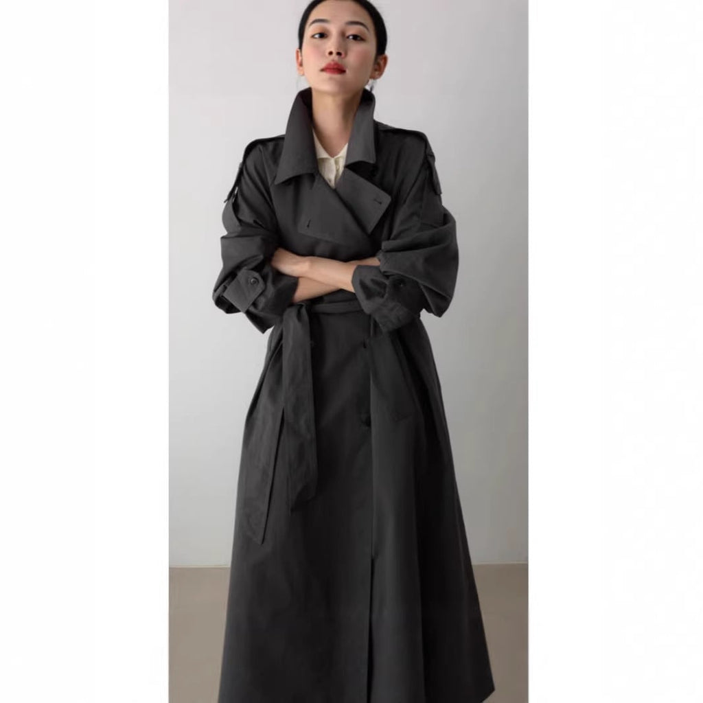 Women's Oversized Long Trench Coat with Double Breasted Design and Tie Belt - Image 3