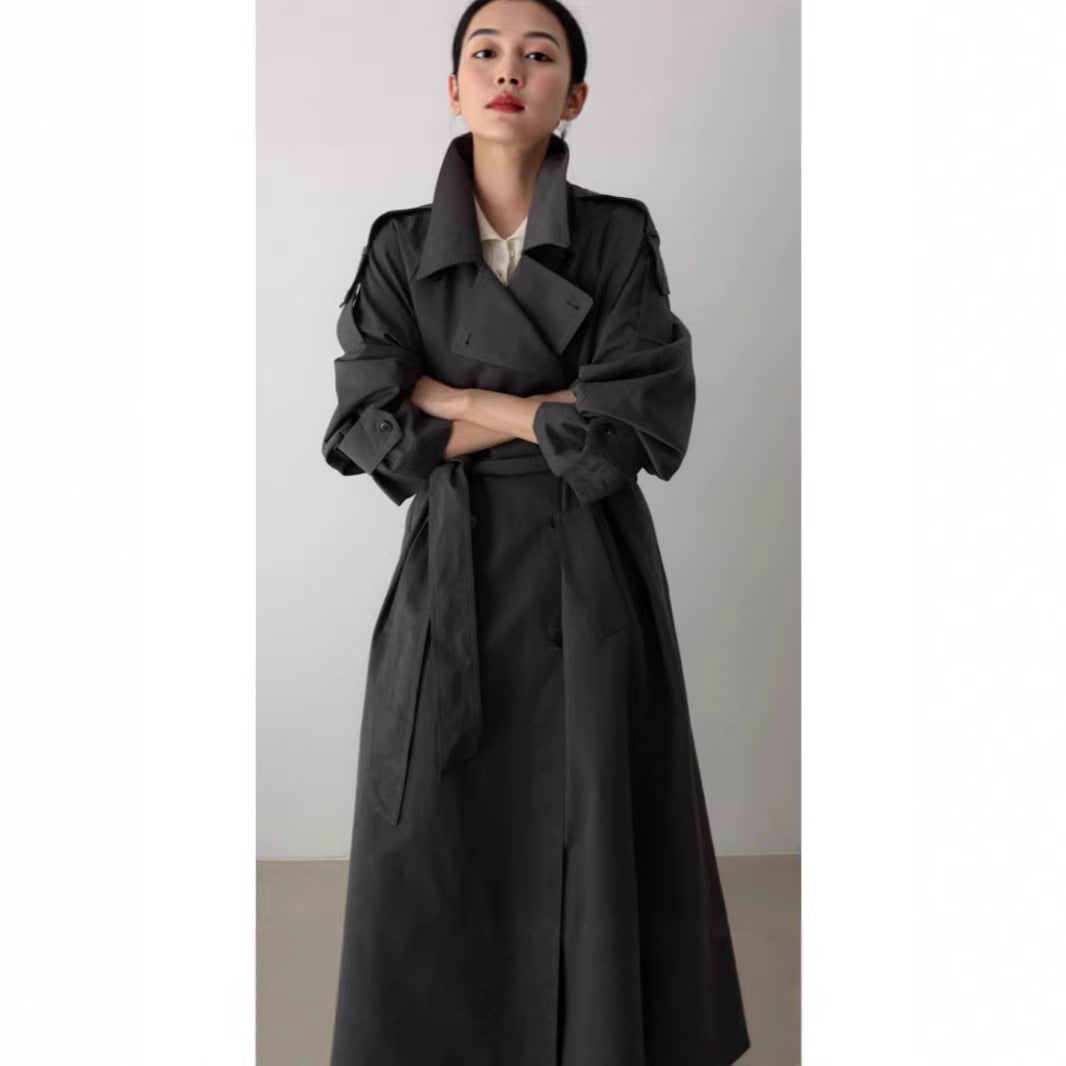 Women's Oversized Long Trench Coat with Double Breasted Design and Tie Belt - Image 3