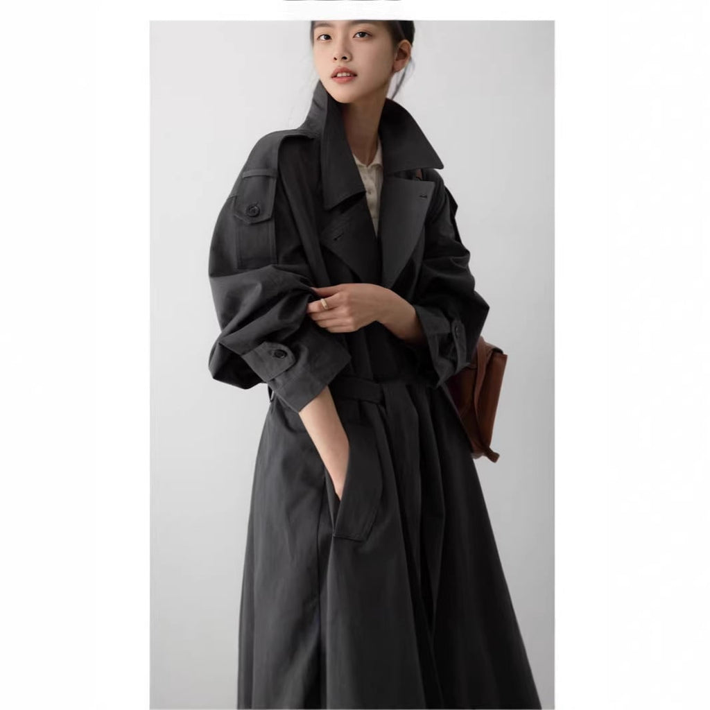 Women's Oversized Long Trench Coat with Double Breasted Design and Tie Belt - Image 4