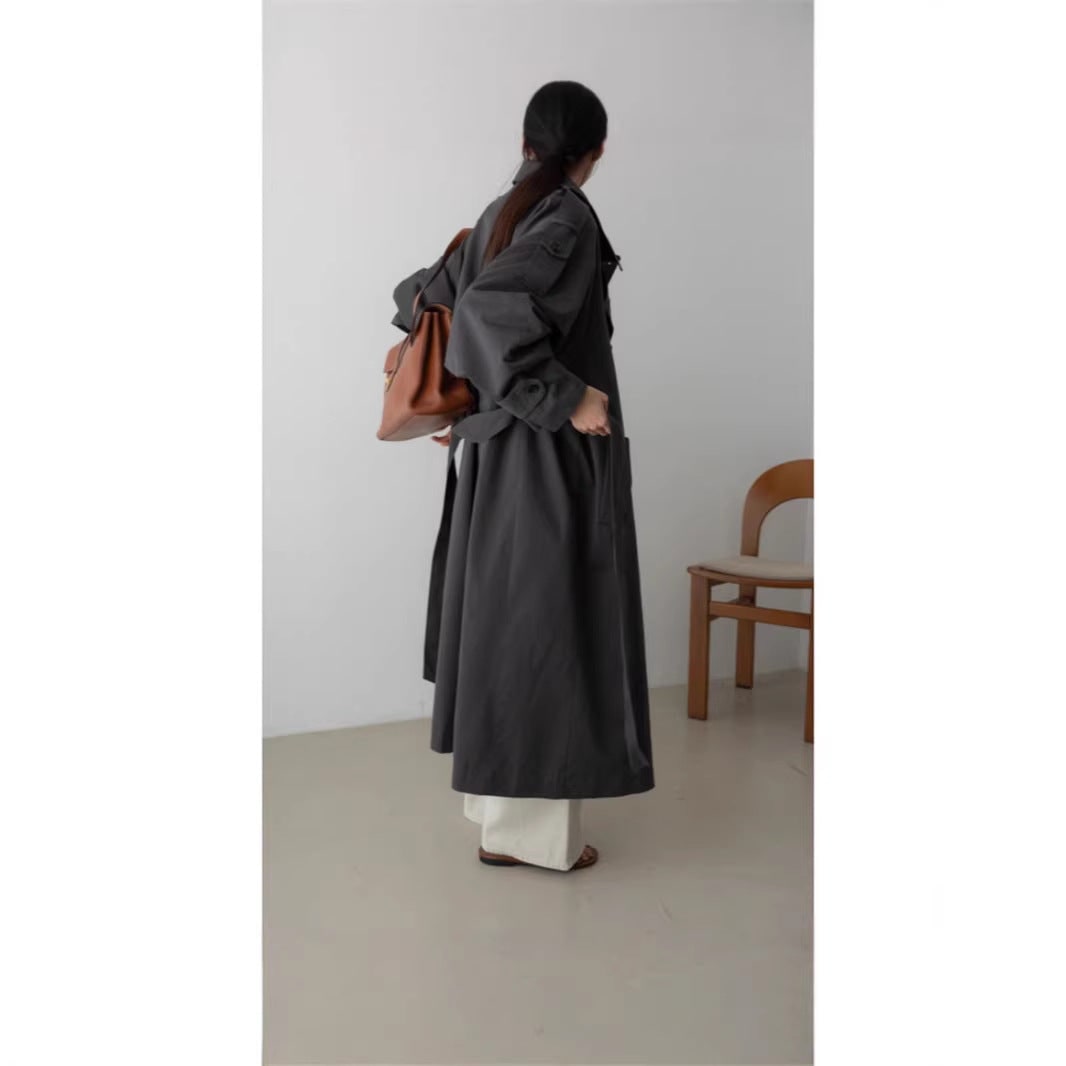 Women's Oversized Long Trench Coat with Double Breasted Design and Tie Belt - Image 5